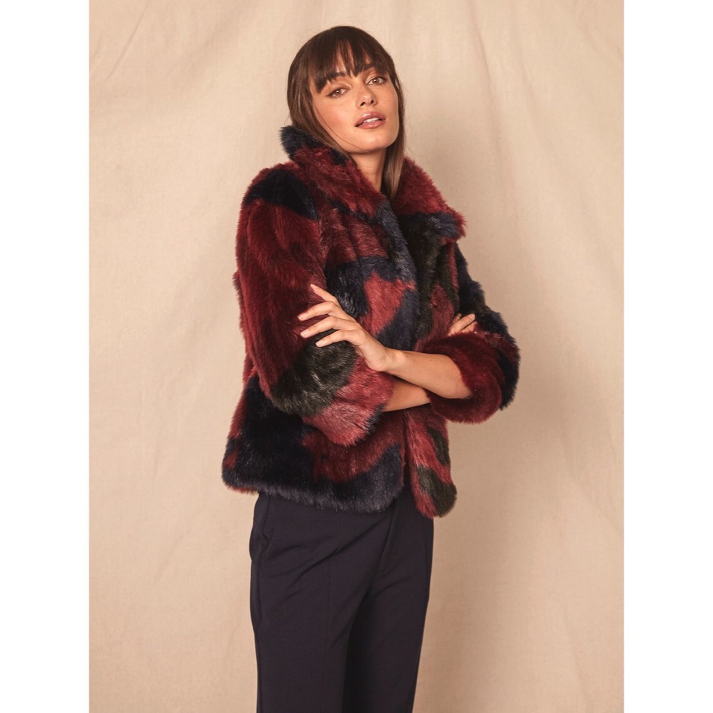 Allen Schwartz Fur Jacket, Burgundy, Black & Navy, Size L New W/Tag Retail $430